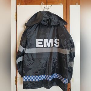 Black Reflective Striped EMS Raincoat With Hood Medium NWT